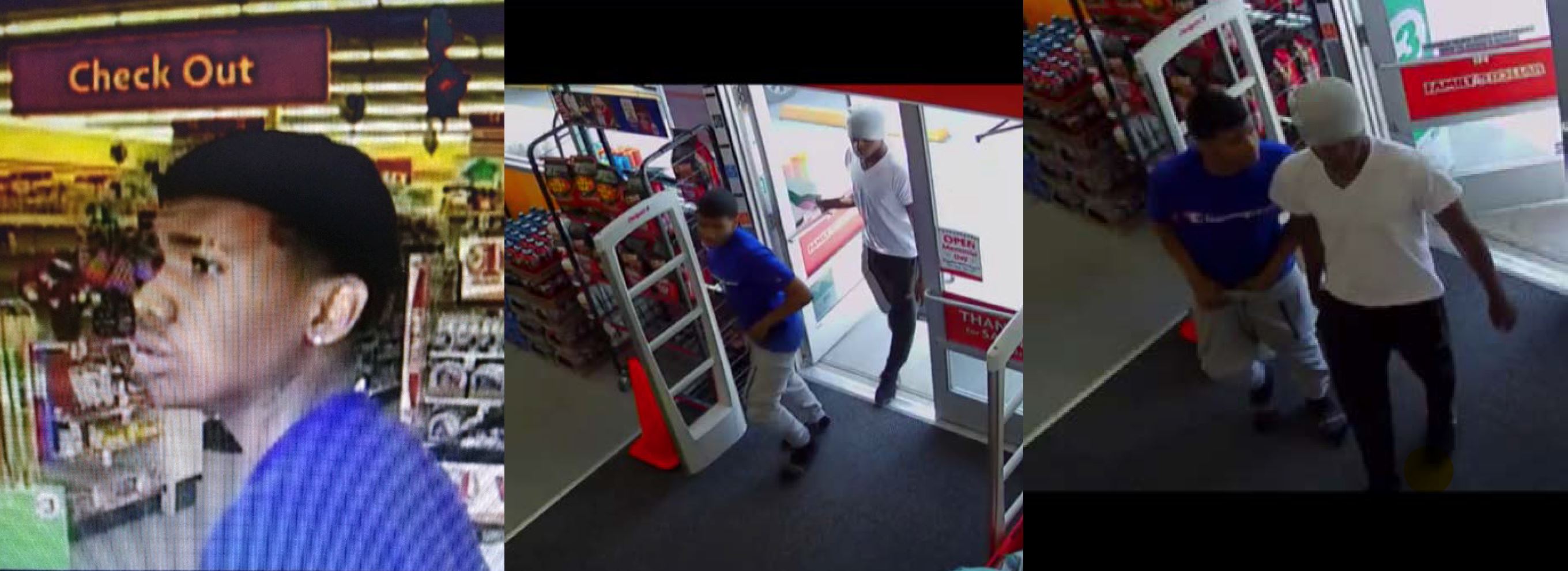 Surveillance photos of robbery suspects entering store. 
